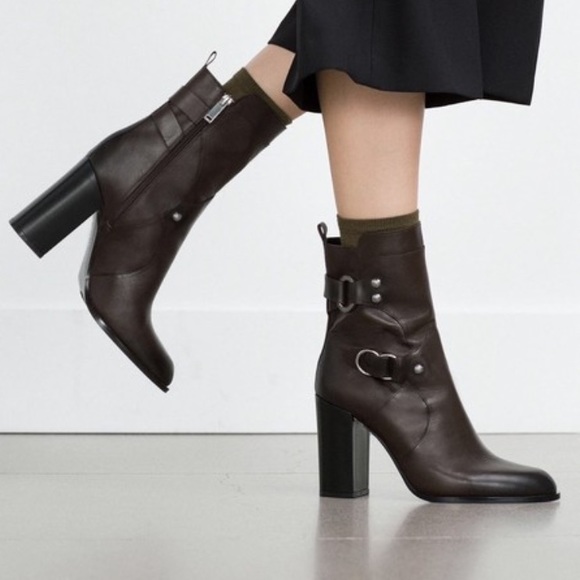 Zara Leather Metal Ring Ankle Heel Boot 6.5 - Picture 3 of 8